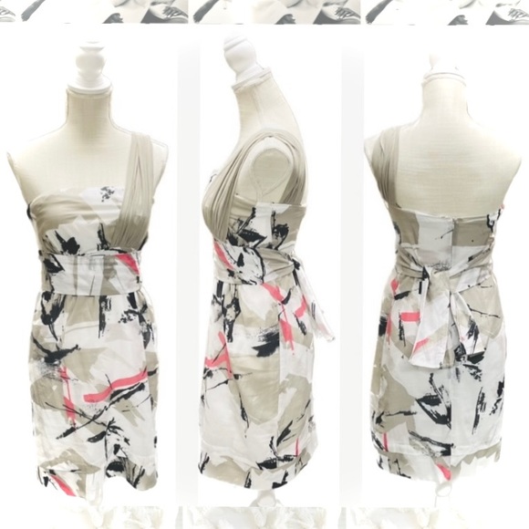 D. EXTERIOR | S | Abstract Italian Cotton Strapless One Shoulder Pink Grey Dress - Picture 2 of 11